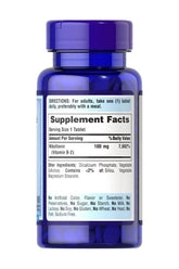 Puritan's Pride Vitamin B-2 100mg supplement bottle with detailed nutrition facts and directions.
